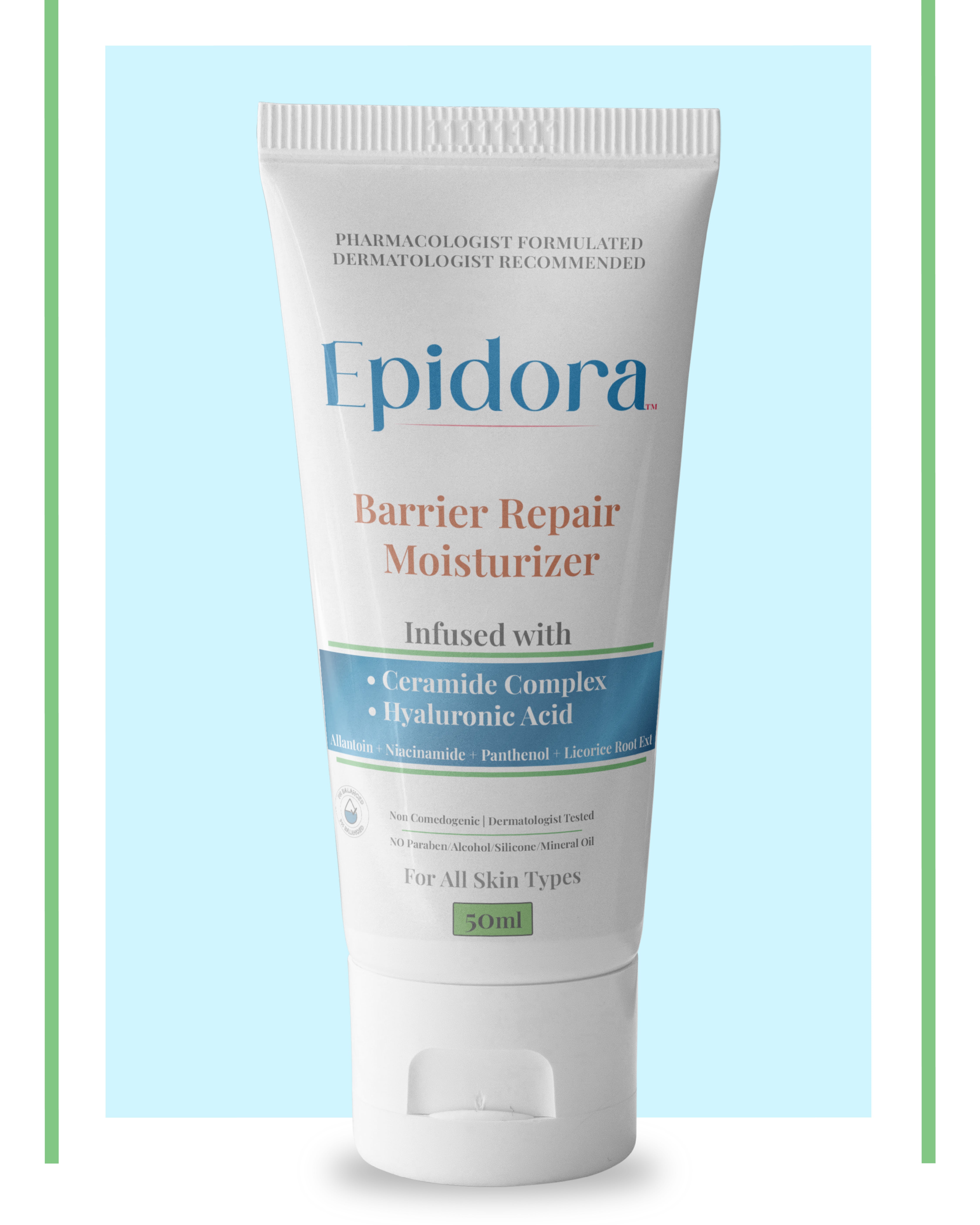 Epidora Barrier Repair Moisturiser with Ceramide Complex, Hyaluronic Acid, Multivitamin and Glycolic Acid.